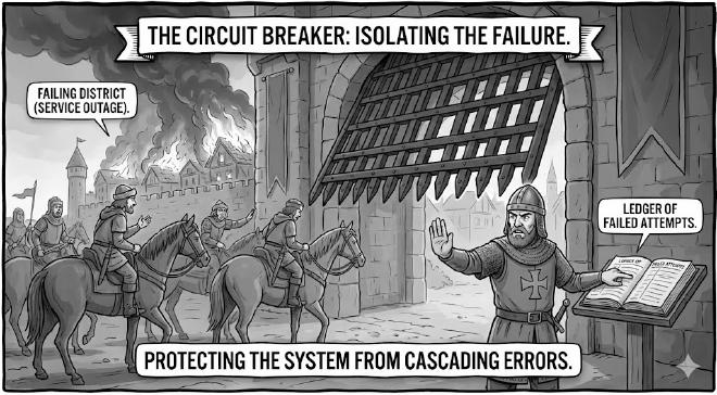 The city gate dropping to protect from a failing service