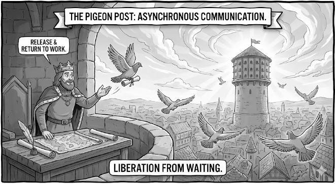 The King releasing carrier pigeons for asynchronous communication