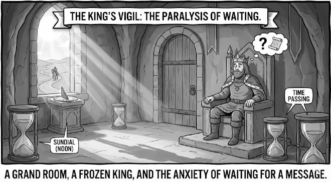 The King frozen, waiting for the courier's return