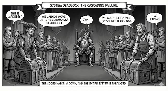 The coordinator fails, leaving resources locked