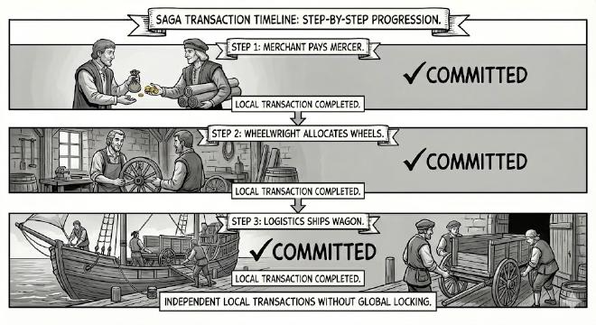 Sequential steps of a saga transaction