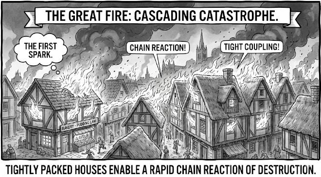 The Great Fire of London spreading through tightly coupled houses