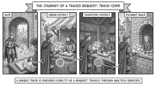 A unique trace ID following a request through services